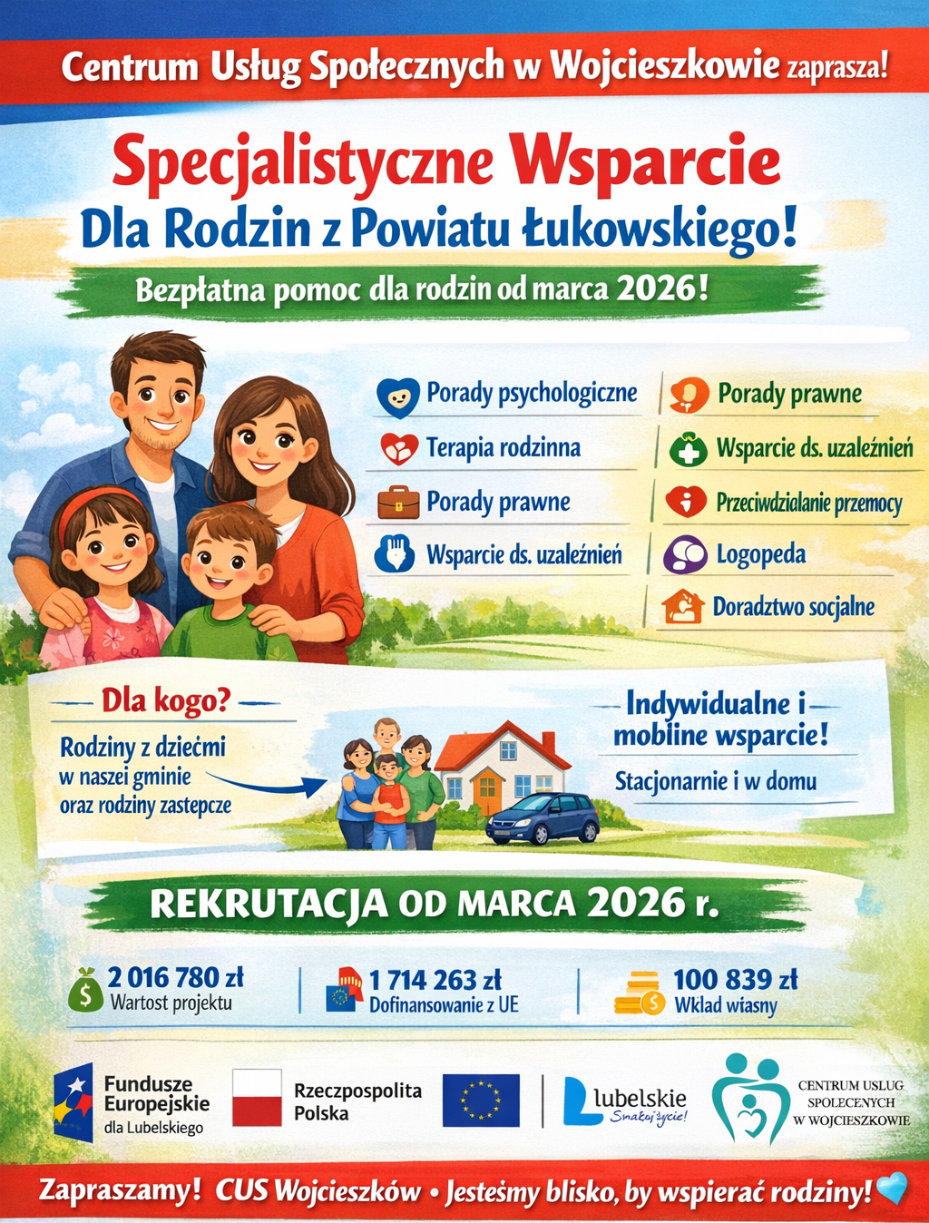 Miniaturka artykułu Startujemy z nowym projektem w Gminie Wojcieszków  Zapraszamy do skorzystania z bezpłatnego wsparcia dla rodzin!